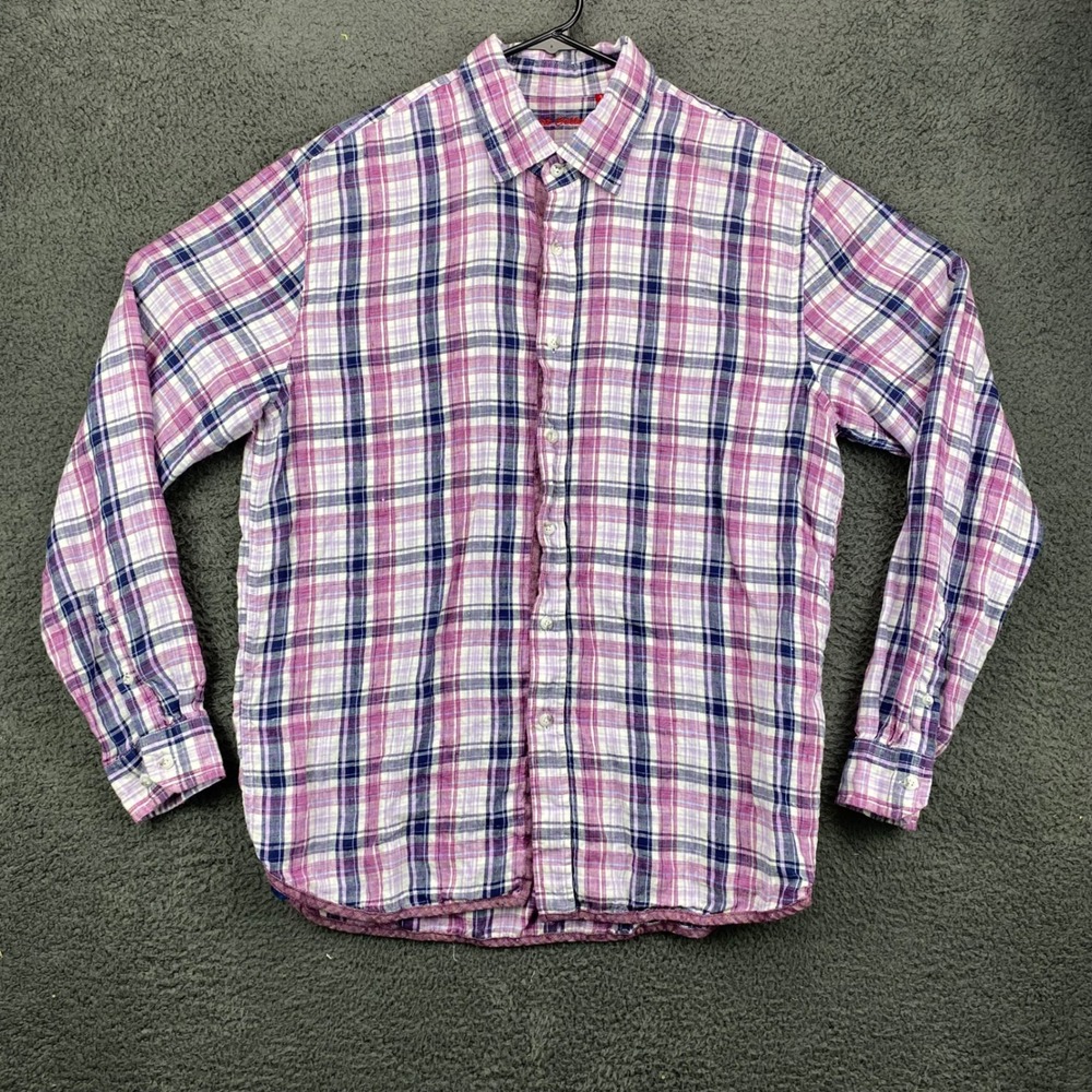 Report Collection Men's Large Plaid Linen Button Down Long Sleeve‎ Shirt